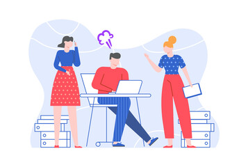 Fototapeta premium Office worker listens to instructions and get angry. Office employee and manager character, instruction and advice explaining. Vector illustration