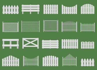White fences. Wooden fences, garden or house wood fencing. Rural white fence isolated vector illustration set. Wooden fence farm, barrier garden, wood fencing