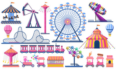 Amusement park. Circus festival tent, roller coaster, train, ferris wheel and carnival carousel. Kids entertainment park vector illustration. Rollercoaster entertainment, train and festival carnival