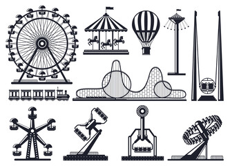 Amusement park silhouette. Attractions festive park carousel and ferris wheel. Carnival park attractions silhouettes vector illustration set. Amusement entertainment, carousel and rollercoaster