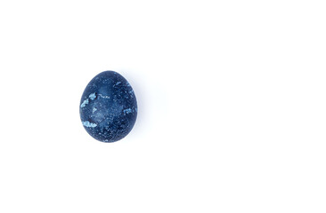 One chicken egg is dark blue on a white background. Side view with copy space.