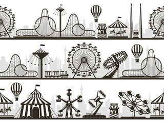 Amusement park views. Attractions park landscape silhouettes with ferris wheel and roller coaster. Entertainment park silhouette vector illustration set. Carousel and roller, swing coaster