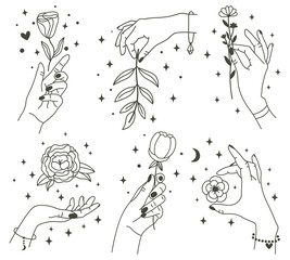 Flowers in magical hands. Trendy linear minimal style hands holding beautiful flowers. Minimalist tattoos or beauty studio design vector illustration set. Hand flower icon, magic floral mystic