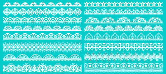 Vintage lace borders. Seamless lace borders for wedding decoration. Figured retro lace pattern elements vector illustration set. Lacy pattern repeat, scroll decorate gorgeous to wedding decoration - obrazy, fototapety, plakaty