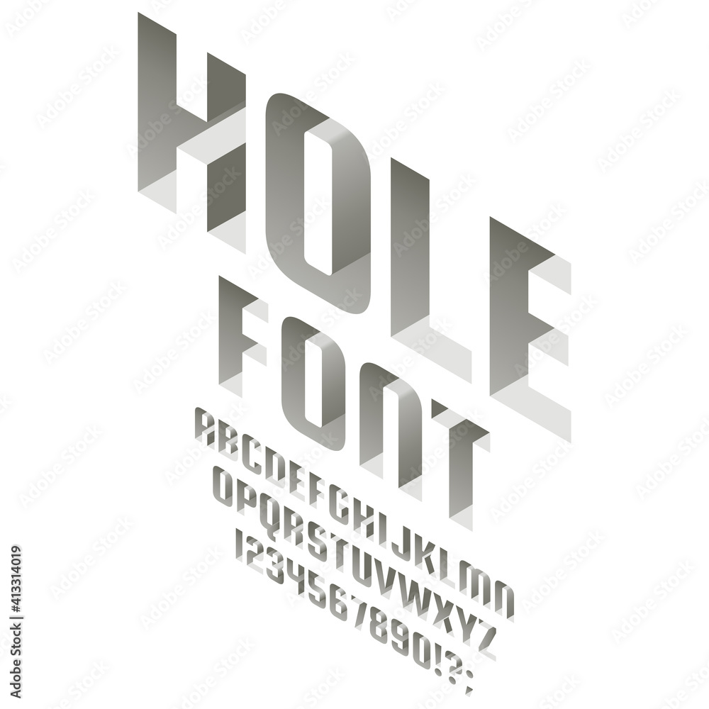 Fototapete isometric hole alphabet. deep into surface 3d font, letters and numbers. typography latin abc letter