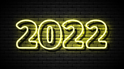 2022 New Year glowing yellow neon signboard on brick wall. Vector illustration.