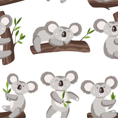 Seamless pattern with cute koala baby on white background. Funny australian animals. Card, postcards for kids. Flat vector illustration for fabric, textile, wallpaper, poster, gift wrapping paper.