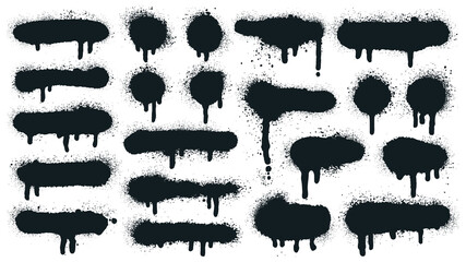 Spray paint shapes. Sprayed grunge dripping dots and borders, abstract graffiti spraying textured shapes vector illustration set. Paint splatter symbols. Dripping spraying textured, spatter texture - obrazy, fototapety, plakaty