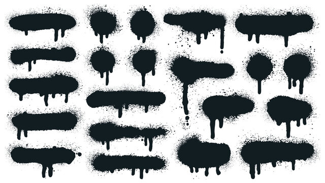 Spray Paint Shapes. Sprayed Grunge Dripping Dots And Borders, Abstract Graffiti Spraying Textured Shapes Vector Illustration Set. Paint Splatter Symbols. Dripping Spraying Textured, Spatter Texture