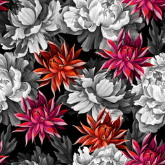 Fototapety  Monochrome seamless pattern with vintage peonies, roses and .chrysanthemums. Vector.