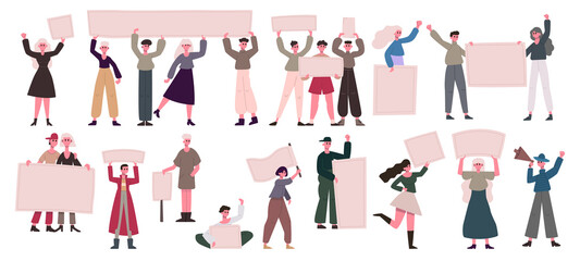 Protest people crowd. Manifesting activists male and female characters holding blank banners. Diverse protesting group vector illustration set. Protest and demonstration, strike picket