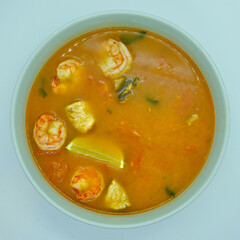 Japanese style food. Tom Yam soup, close up view. Top view.