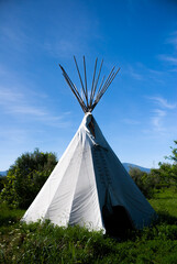 White indian tipi tent, blue sky, green trees and grass