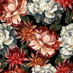 Panele Szklane  Ornate seamless pattern with vintage peonies, roses and .chrysanthemums. Vector.