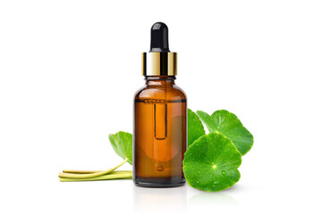 Gotu Kola Extract in amber bottle with fresh leaves isolated on white background.