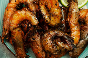 Delicious roasted grilled shrimps background