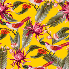 Seamless pattern with birds and tropical leaves and flowers. Vector.