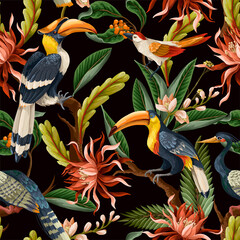 Seamless pattern with birds and tropical leaves and flowers. Vector.