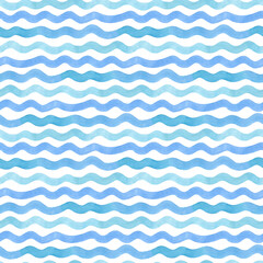 Watercolor lines seamless pattern Waves. Hand drawn. Blue color stripes on isolated on white. Good for fabric, textile, wrapping paper, wallpaper, prints