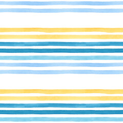 Watercolor lines seamless pattern Sunset and Sea. Hand drawn. Blue, yellow and orange color stripes on isolated on white. Good for fabric, textile, wrapping paper, wallpaper, prints