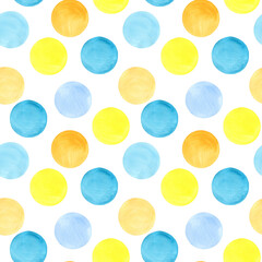 Colorful bubbles isolated on white, seamless pattern. Watercolor, hand drawn. Blue, yellow and orange color circles. Good for children fabric, textile, wrapping paper, wallpaper, prints