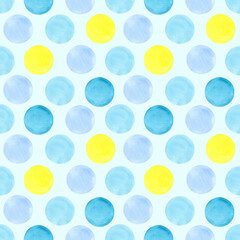 Cute circles seamless pattern Sea and Sun. Watercolor rounds, hand drawn. Blue, yellow color circles on light blue background. Good for kids fabric, textile, wrapping paper, wallpaper, prints