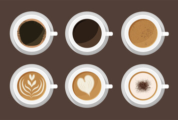 Hot coffee menu in white cups. Top view. Latte, cappuccino, americano, espresso, mocha, cocoa. Vector illustration.