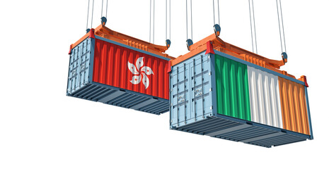 Freight containers with Hong Kong and Ireland flag. 3D Rendering 