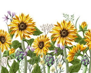 Fototapety  Border with Sunflowers bouquet,.artichoke and wild flower. Vector illustration.