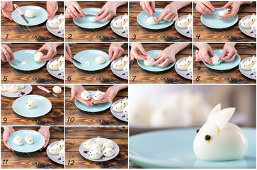 DIY instruction. Step by step guide. Making a funny rabbit from boiled eggs, decorating the Easter table, Easter decor and serving