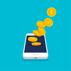 Smartphone with coin heap in trendy 3d style. Falling coins. Money movement and online payment. Online banking concept. Cashback or money refund. Vector illustration.