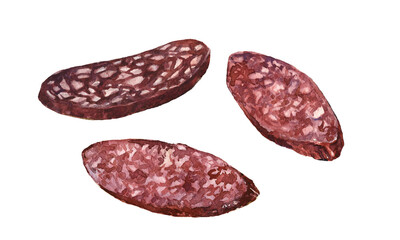 set of smoked salami slices, pork for breakfast, delicious food, menu design, color illustration, isolated on a white background in watercolor technique and hand drawn style