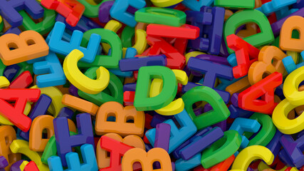Alphabet letters on plain background. Plastic alphabet letters on white background. Rainbow colors. 3D illustration. 3D rendering