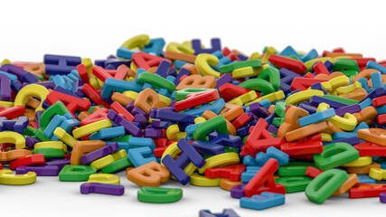 Alphabet letters on plain background. Plastic alphabet letters on white background. Rainbow colors. 3D illustration. 3D rendering