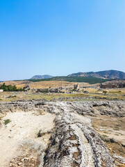 Pamukkale, Hierapolis archaeological city and amphitheater with ruins from the late Hellenistic and early Christian periods