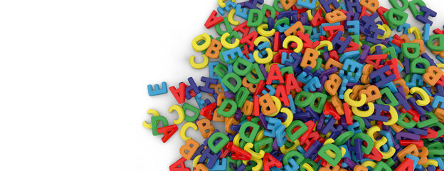 Alphabet letters on plain background. Plastic alphabet letters on white background. Rainbow colors. 3D illustration. 3D rendering