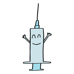Cartoon Syringe. Hand drawn lines cartoon character. Concept of medicine, health, vaccines, hospitals. Vector illustration.
