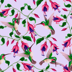Seamless pattern with hummingbirds and tropical flowers. Trendy vector print.