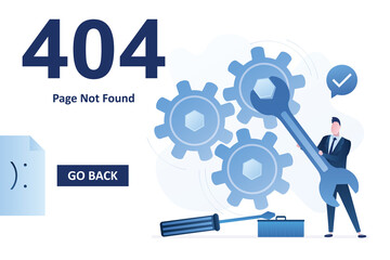 Obraz premium 404 error, page not found landing page template. Businessman holding wrench and repairing gears. No connection, error.