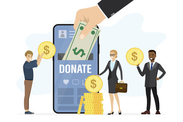 Charity donation, fundraising, social responsibility. Hand puts banknotes in mobile phone. Online support, app for donation. Internet technology.