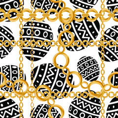 Fototapeta na wymiar Seamless pattern decorated with precious stones, gold chains and pearls. 