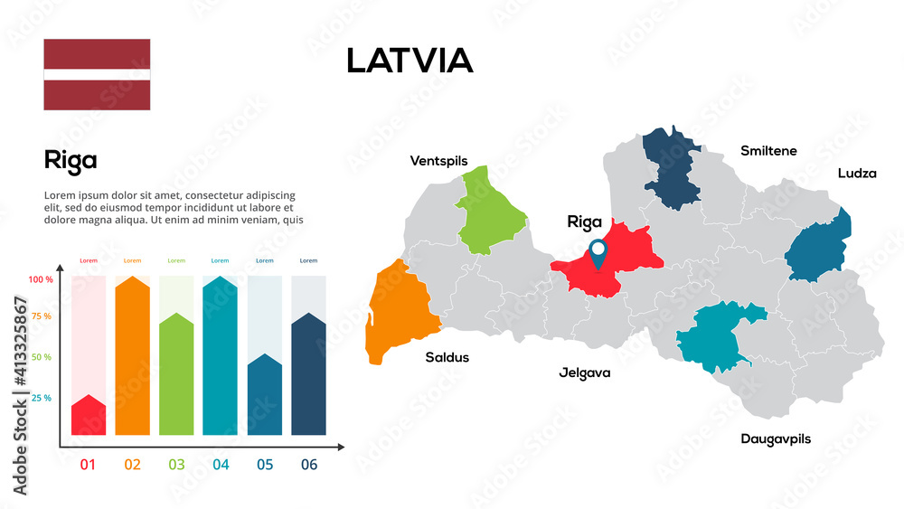 Aufkleber latvia map. vector image of a global map in the form of regions of latvia regions. country flag. inf