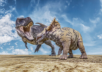 T-Rex against Triceratops, Tyrannosaurus rex against Triceratops, 3D-Rendering, illustrated