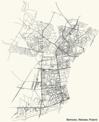 Black simple detailed street roads map on vintage beige background of the neighbourhood Bemowo district of Warsaw, Poland - obrazy, fototapety, plakaty