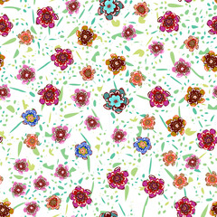 Childrens pattern flowers. Seamless floral dense pattern. Bright multi-colored flowers. Bright blue flowers.