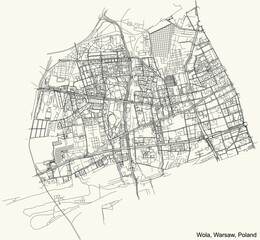 Fototapeta na wymiar Black simple detailed street roads map on vintage beige background of the neighbourhood Wola district of Warsaw, Poland