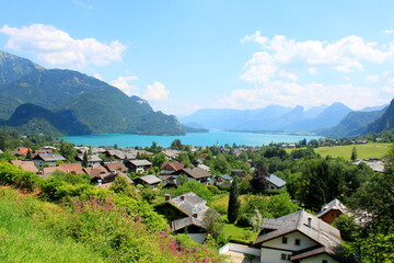 view of the village in the mountains in Austria near the lake