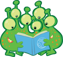group of funny aliens look at a book manual on planet earth
