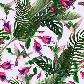 Seamless pattern with hummingbirds and tropical flowers. Trendy vector print.