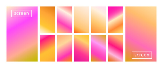 Fototapeta premium Mobile screen lock display collection of colorful backgrounds in trendy neon colors. Modern screen vector design for mobile app. Soft color abstract pastel holographic gradients. Swatches for design.